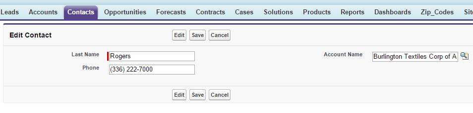 Captura de tela de uma página personalizada do Visualforce usada para editar informações de contato