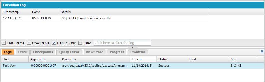 Filter the debug log in the Developer Console to view debug messages