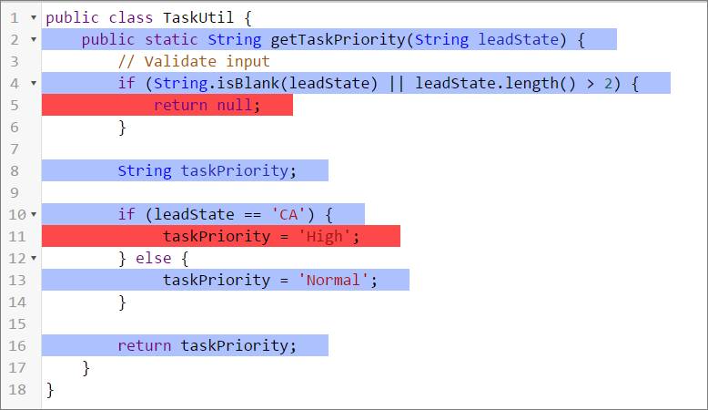 Developer Console 中为 TaskUtil 类覆盖的行