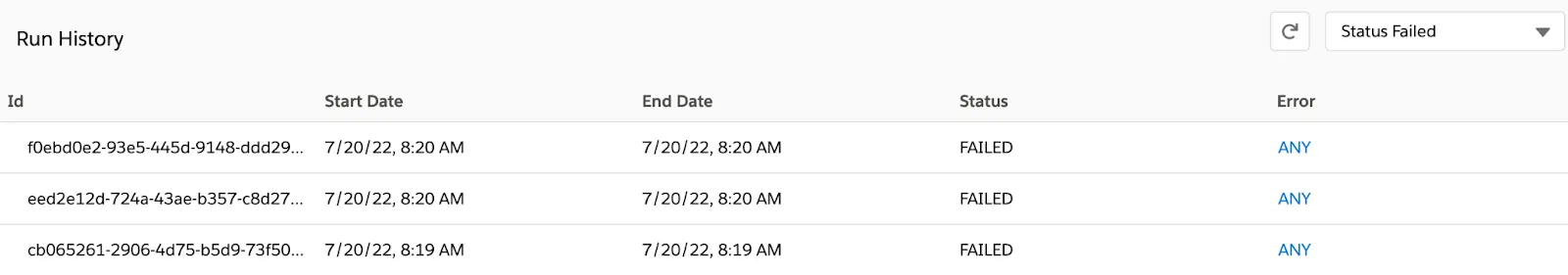 Run history of a flow showing Id, Start Date, End Date, Status, and error information of three failed instances.