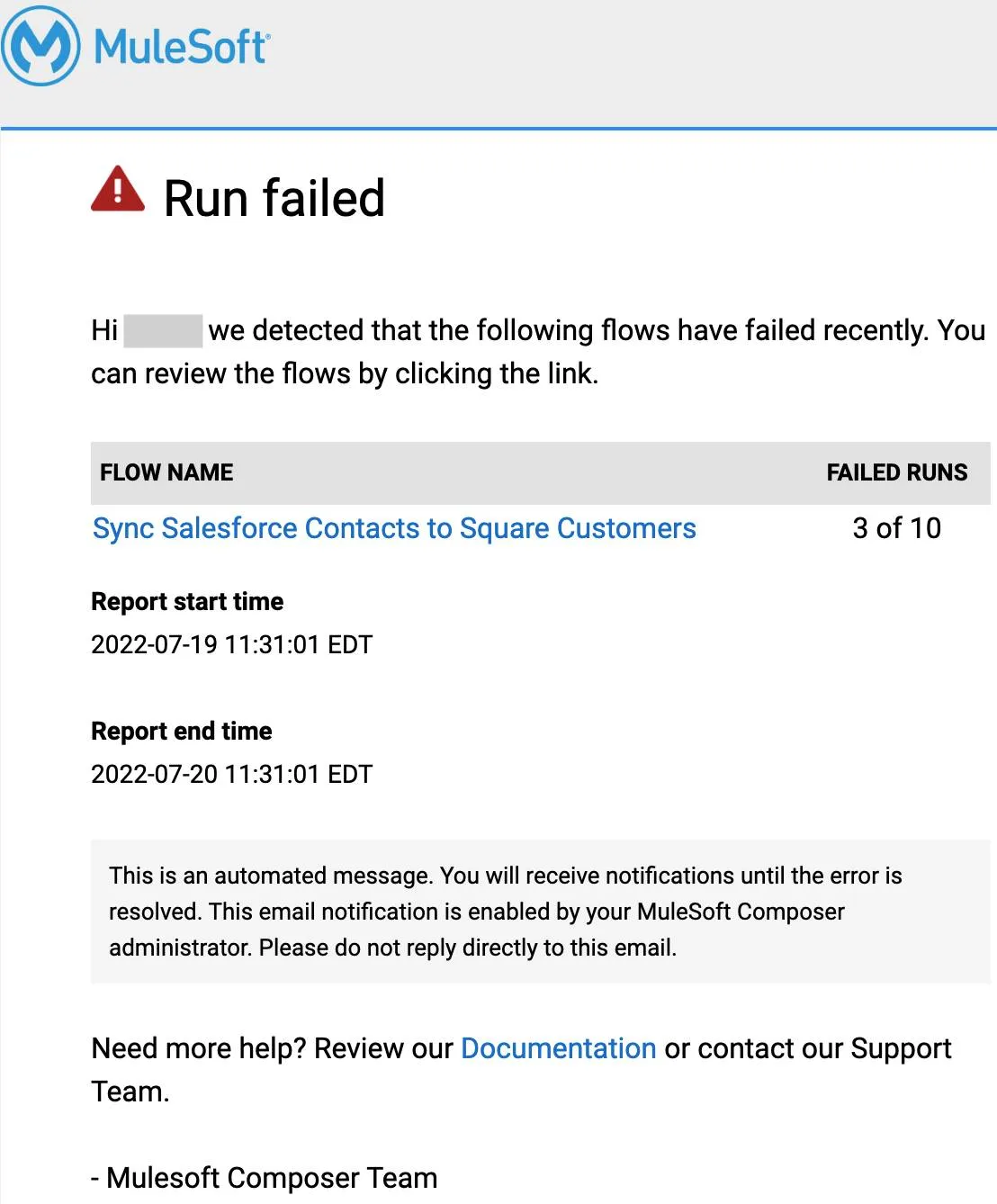 Email notification about a failed flow.