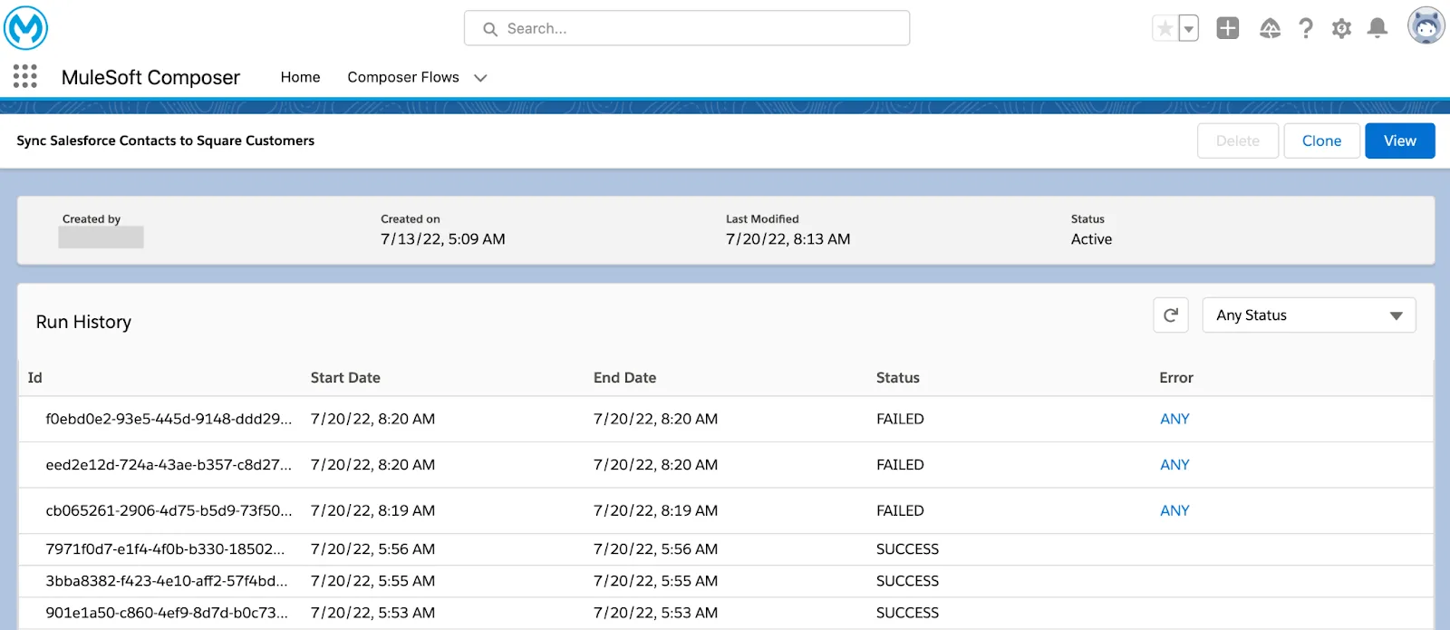 Run history of a flow showing Id, Start Date, End Date, and Status of six instances.