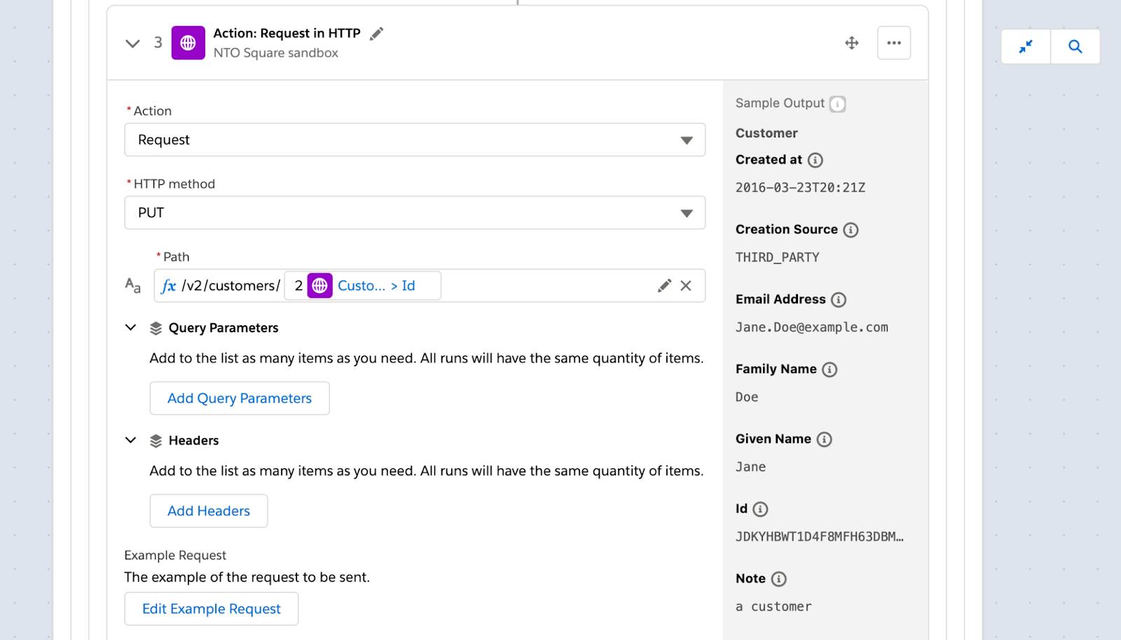 Step 3 of flow in If branch to update existing customer using HTTP PUT method.