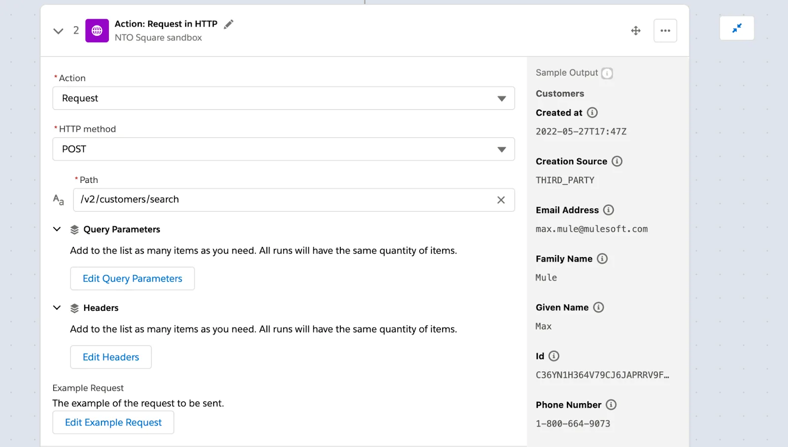 Step 2 of flow to search for a Square customer that matches the triggering contact, using HTTP POST method.