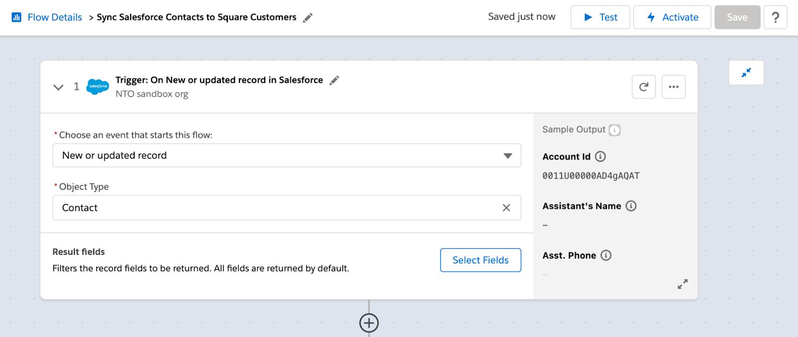 Step 1 of flow showing a new or updated NTO contact as the trigger.