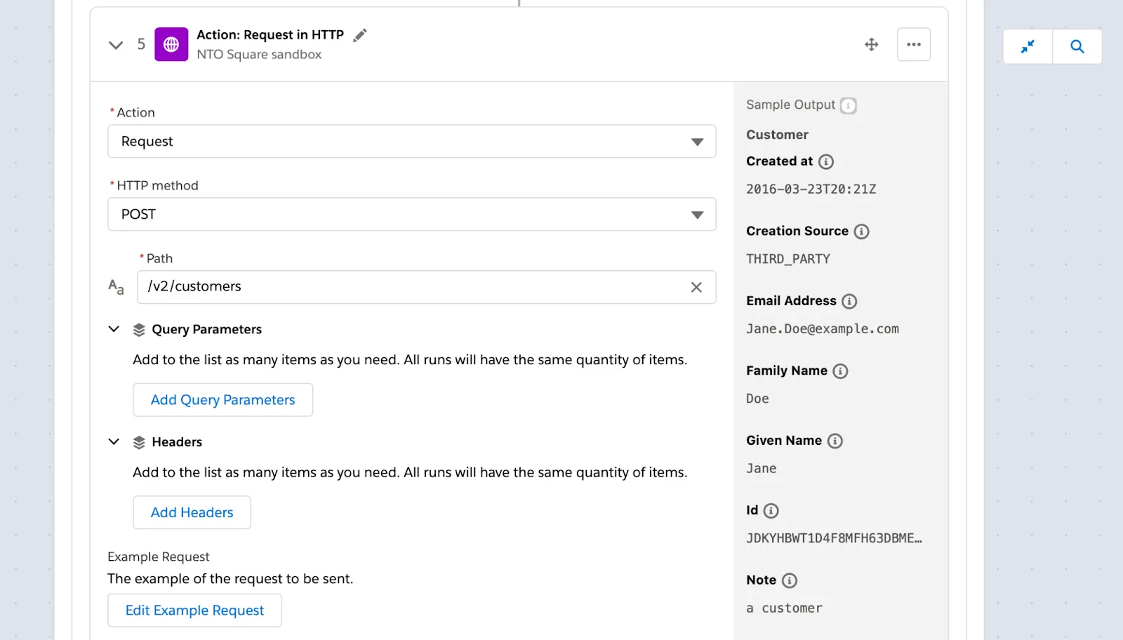 Step 5 of flow in second If/Else block to create a Square customer using HTTP POST method.