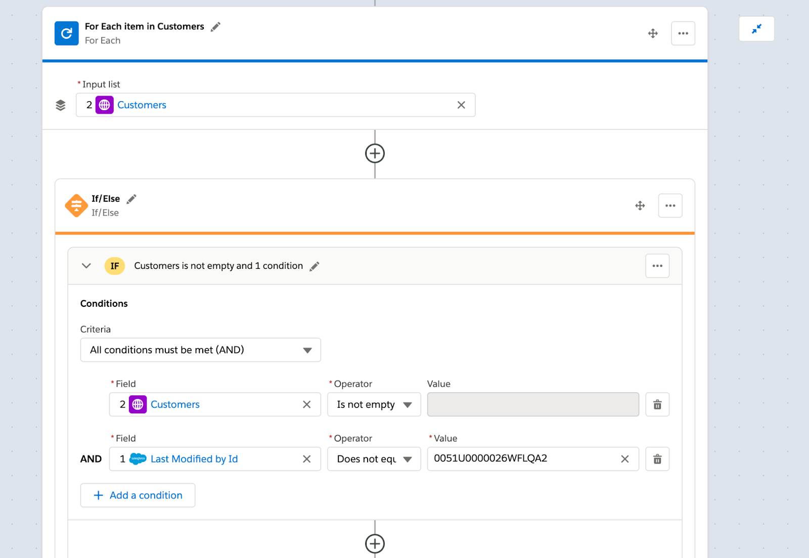 For Each block iterating over list of customers and If/Else block showing conditions that a corresponding customer exists and the updating user isn’t a Composer user.
