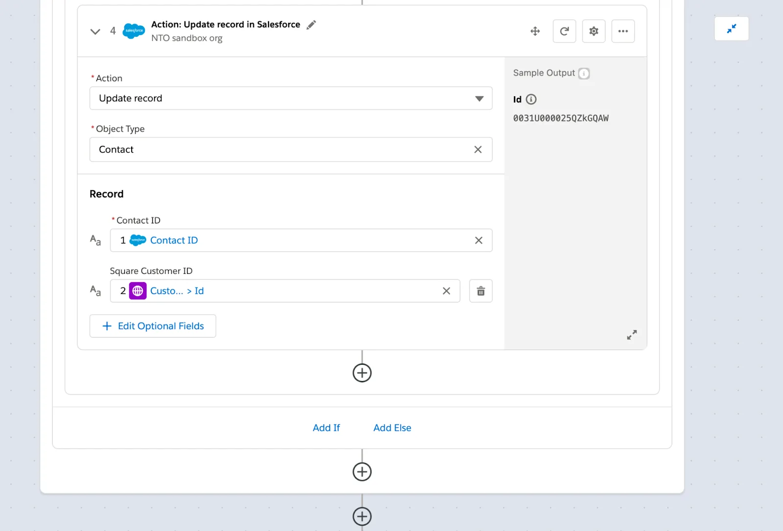 Step 4 of flow to update the contact with Square customer ID.