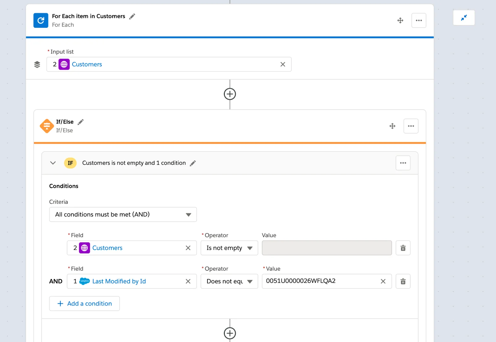 For Each block iterating over list of customers and If/Else block showing conditions that a corresponding customer exists and the updating user isn’t a Composer user.