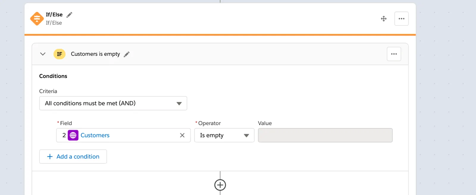 Second If/Else block with condition list of customers from step 2 of flow is empty, meaning the contact has no corresponding customer.