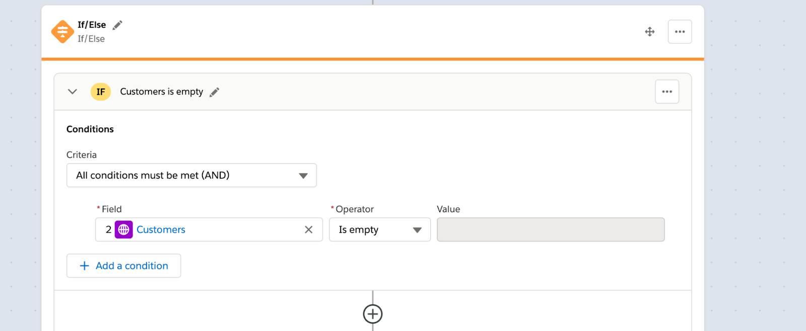 Second If/Else block with condition list of customers from step 2 of flow is empty, meaning the contact has no corresponding customer.