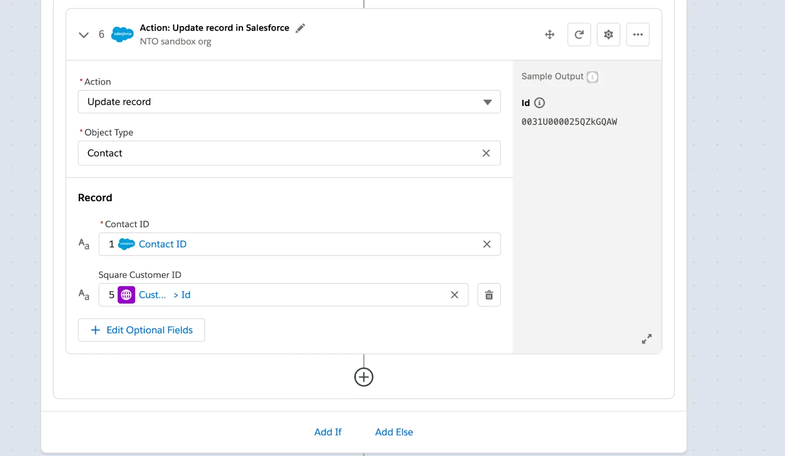 Step 6 of flow to update the contact with Square customer ID.