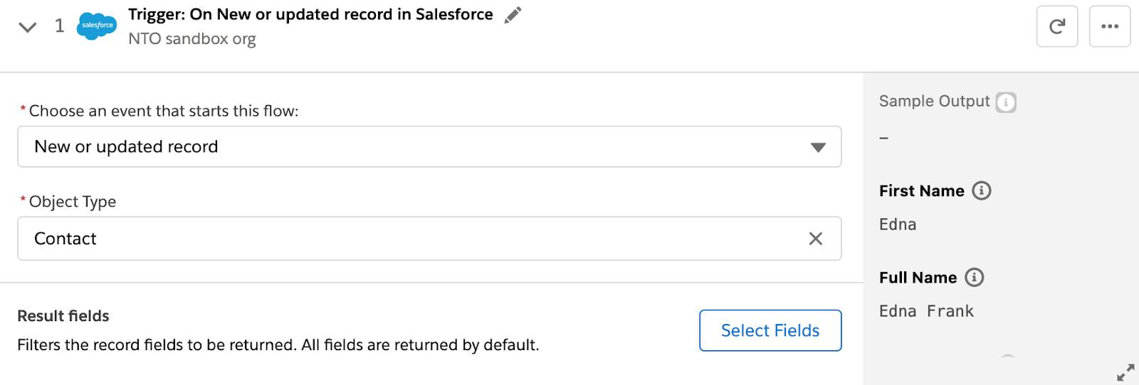 Step 1 of flow with trigger event and object type fields and Select Fields button.