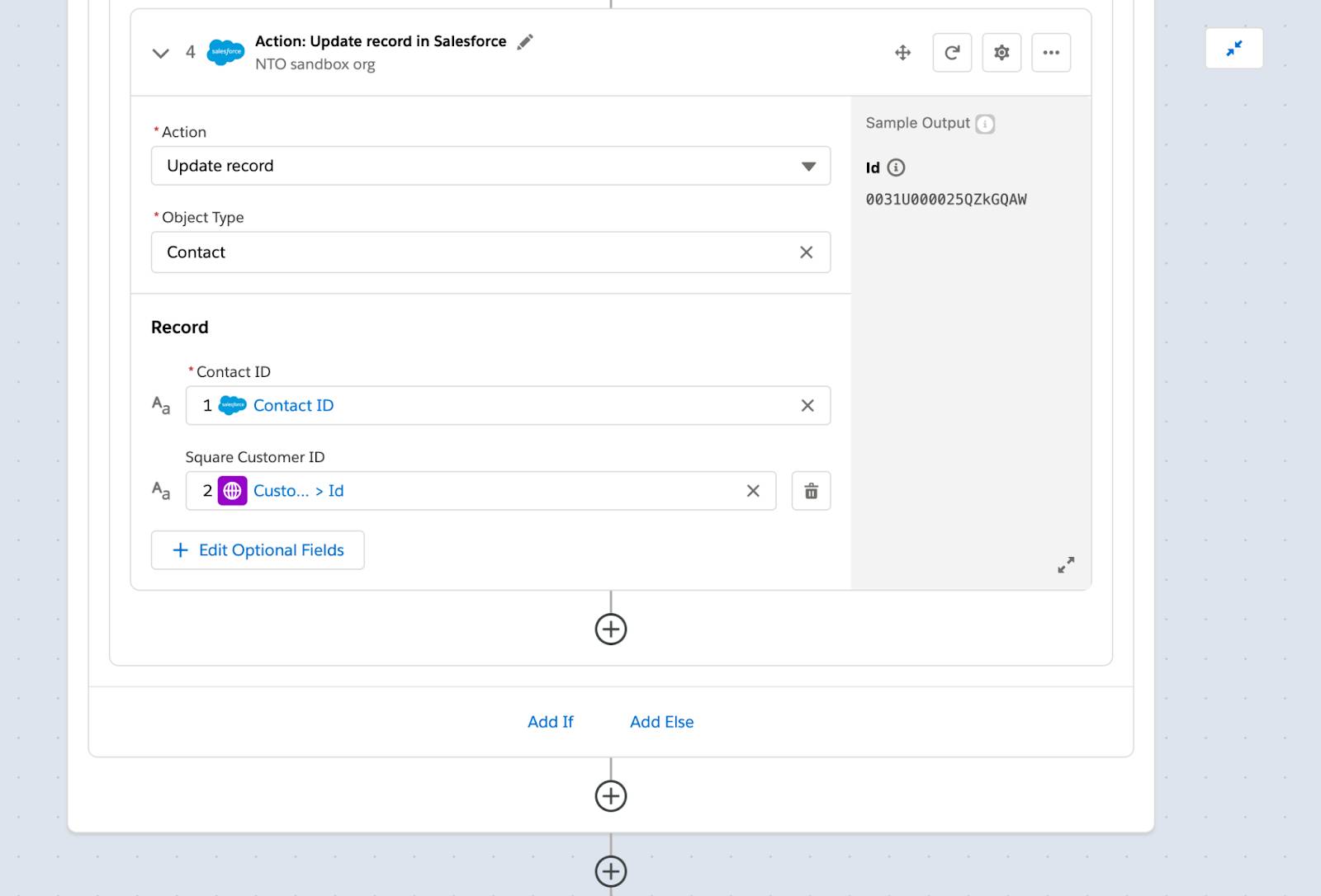 Step 4 of flow to update the contact with Square customer ID.