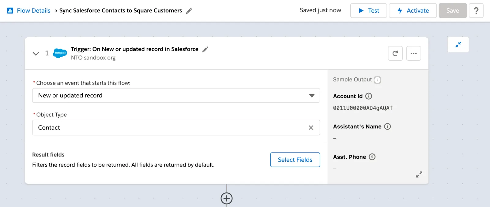 Step 1 of flow showing a new or updated NTO contact as the trigger.