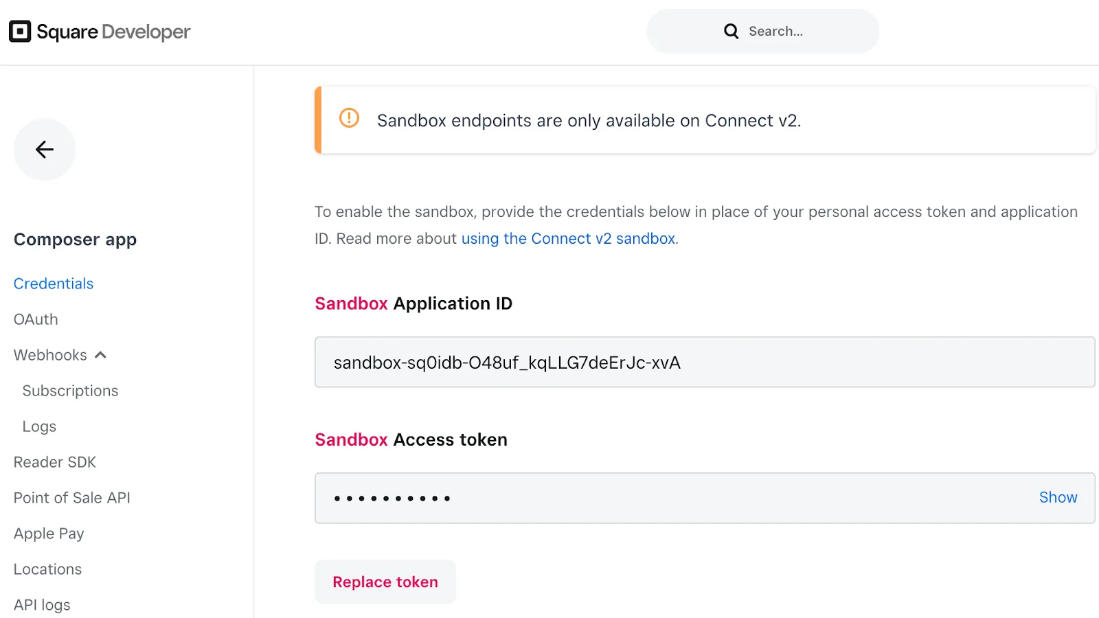 Sandbox Access token field on Square Developer Credentials page.