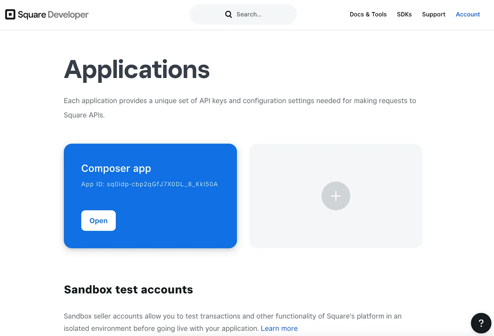 Square Developer Applications page.