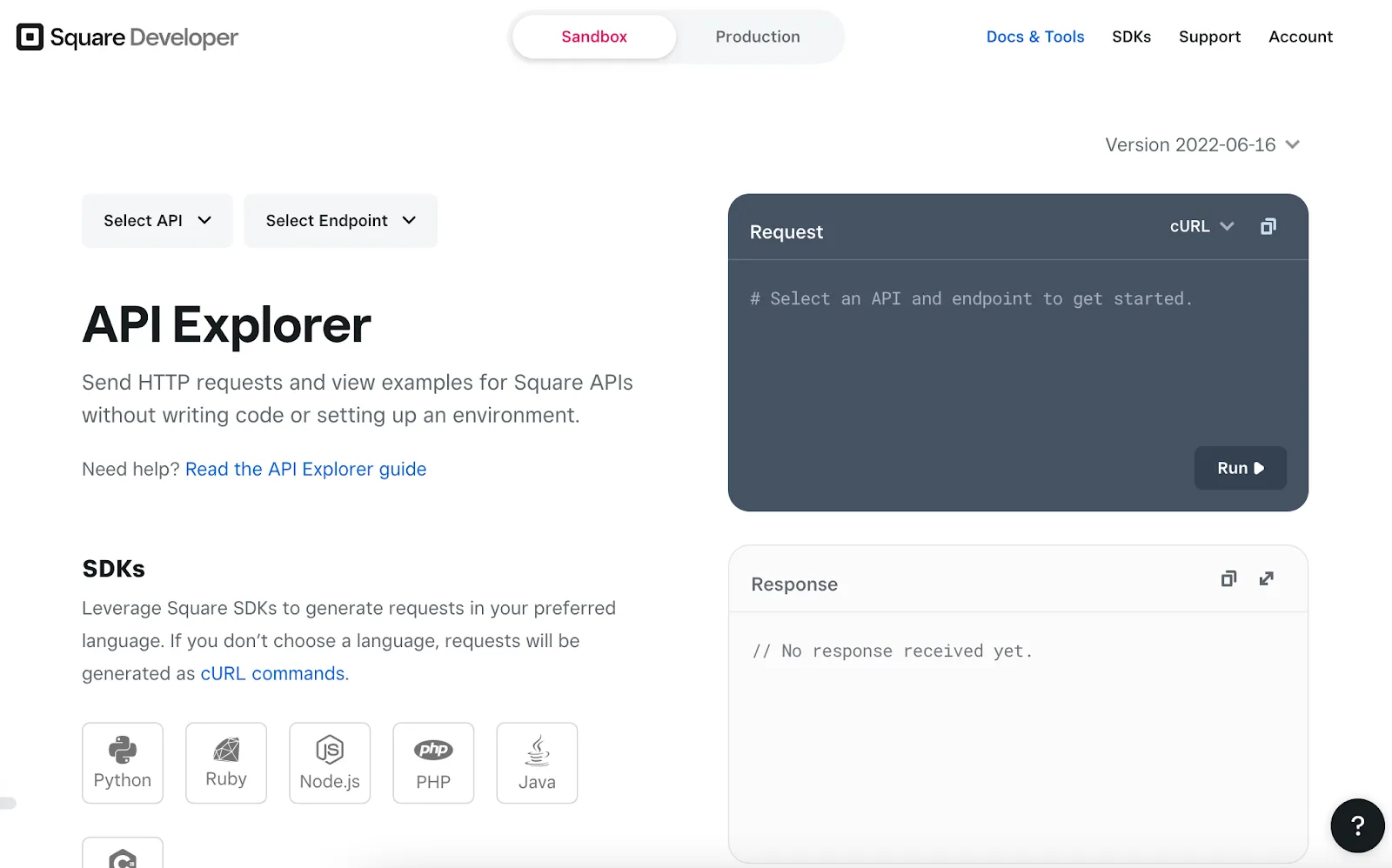 Square Developer API Explorer ツール。