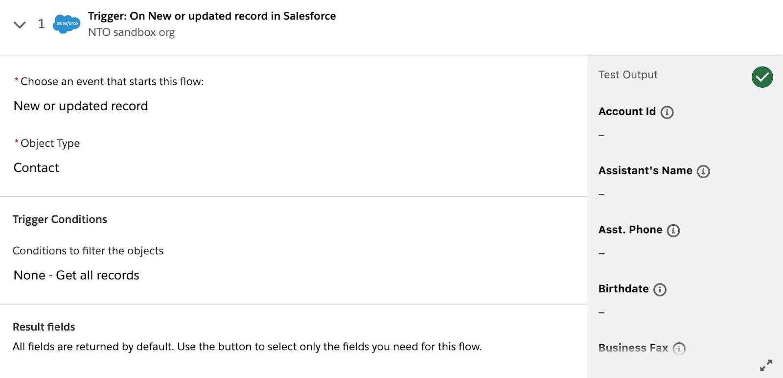 Tested flow showing a green check mark on step 1.