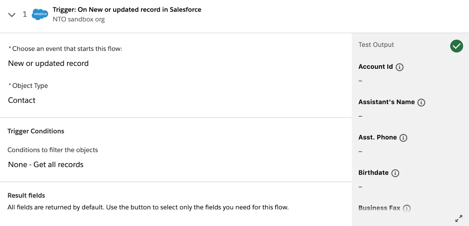 Tested flow showing a green check mark on step 1.