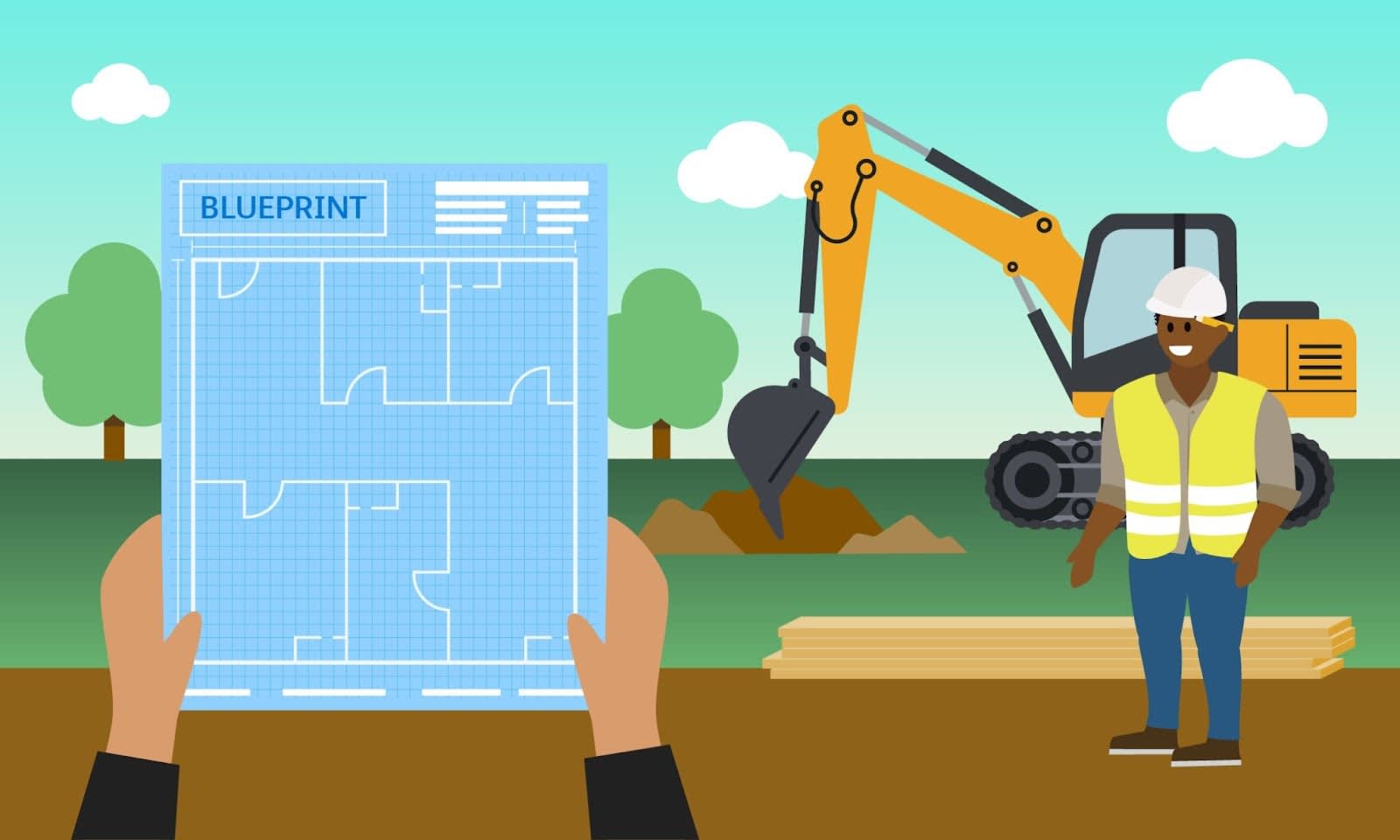A construction site with one worker holding a blueprint and a happy worker who understands exactly what to do.