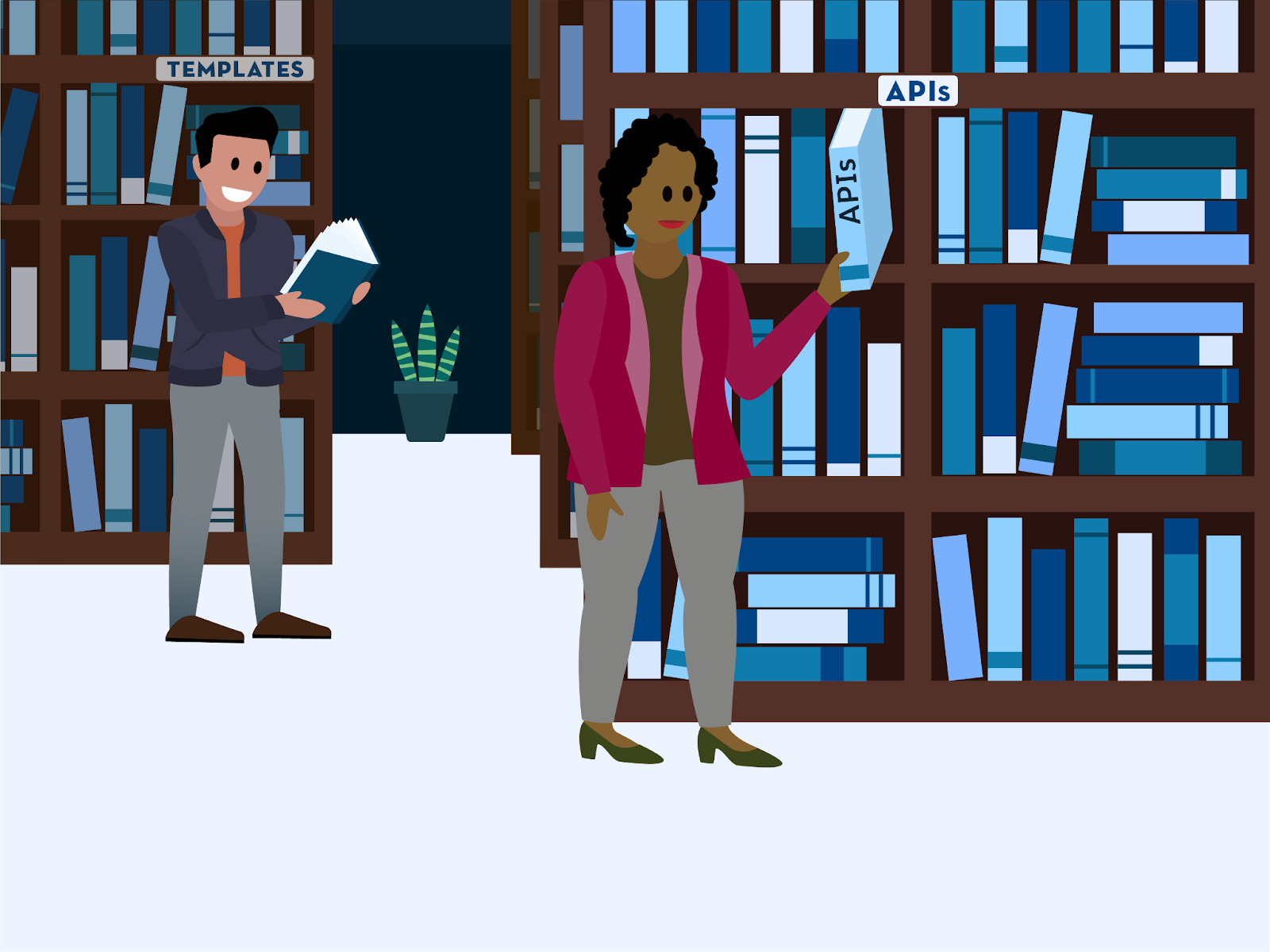 Two people are in an API library. One browses a book from the shelf labeled templates and the other adds to the APIs shelf.