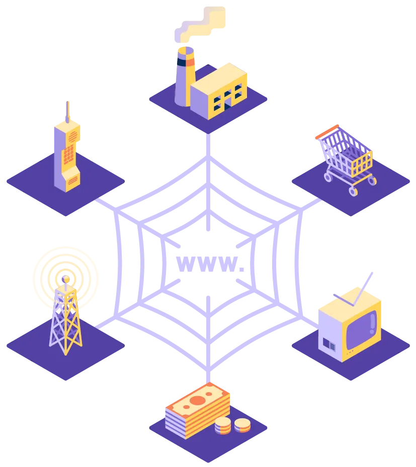 : cart, tv, money, antennae, phone, and factory connected by a web with www. In the middle