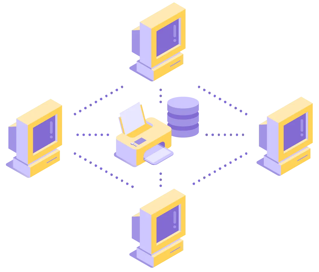 Illustration of a local area network showing PCs connected to each other and to shared storage and a printer