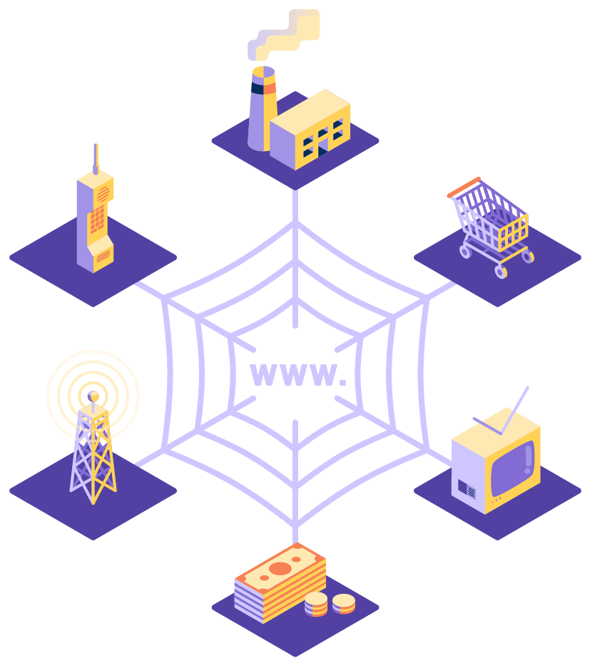 : 中央にある www の Web (クモの巣) でつながっているカート、テレビ、お金、アンテナ、電話、工場。