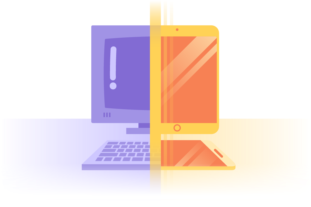 時代遅れの PC と結合するスマートフォンとタブレットで、古い時代の IT と現代の消費者向けテクノロジーがオフィスで融合していることを表すイラスト