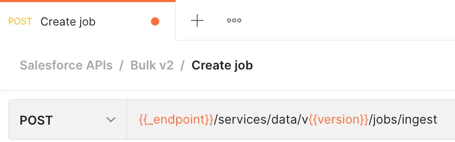 Postman request window showing the POST Create Job URI.
