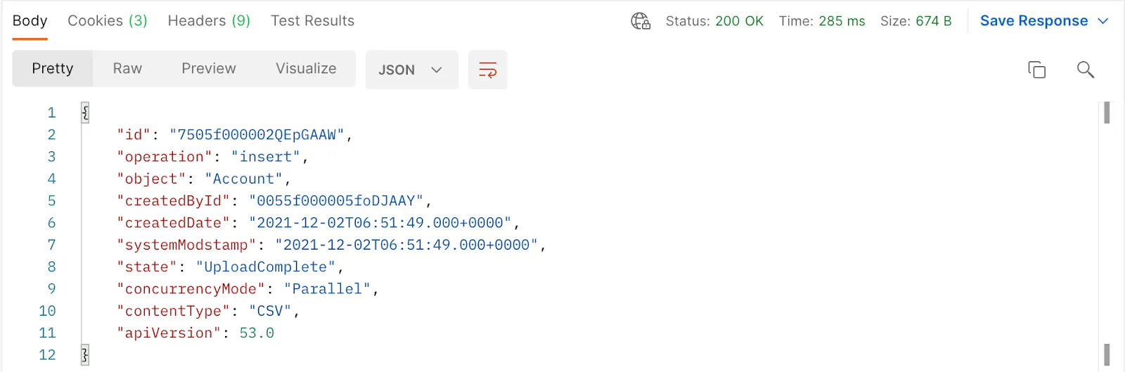 Postman response window showing the job details and a status of Upload Complete.