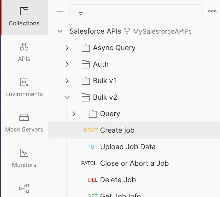 La ventana Recopilación de Postman muestra la carpeta Bulk v2 abierta y el recurso Crear trabajo mediante POST seleccionado.