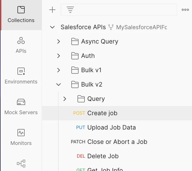 [Bulk v2] フォルダーが開き、[POST Create job] リソースが選択されていることを示す Postman のコレクションウィンドウ。