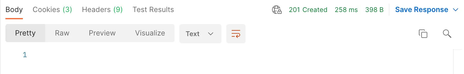 Janela de resposta do Postman mostrando o código de status do trabalho 201 indicando que os dados do trabalho foram carregados com êxito.
