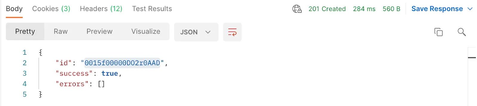 Postman response window showing the id of the account created.
