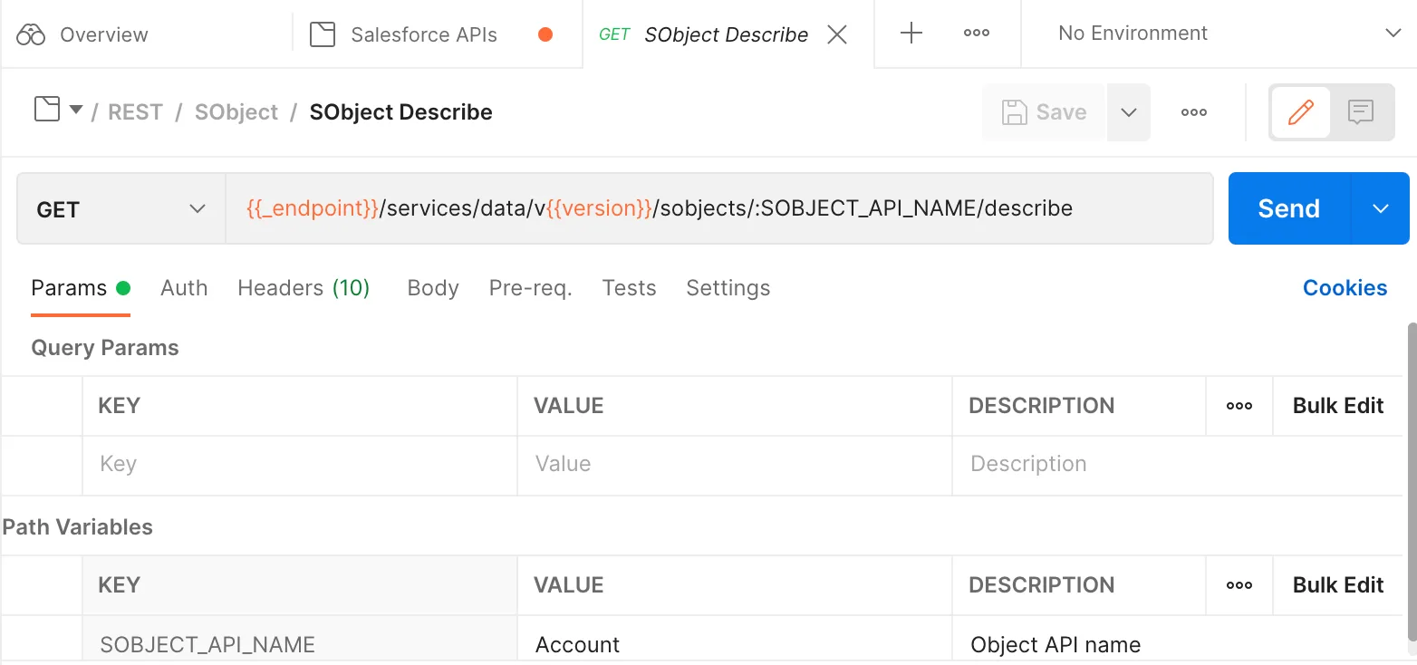 Postman request window showing the SObject Describe URI.