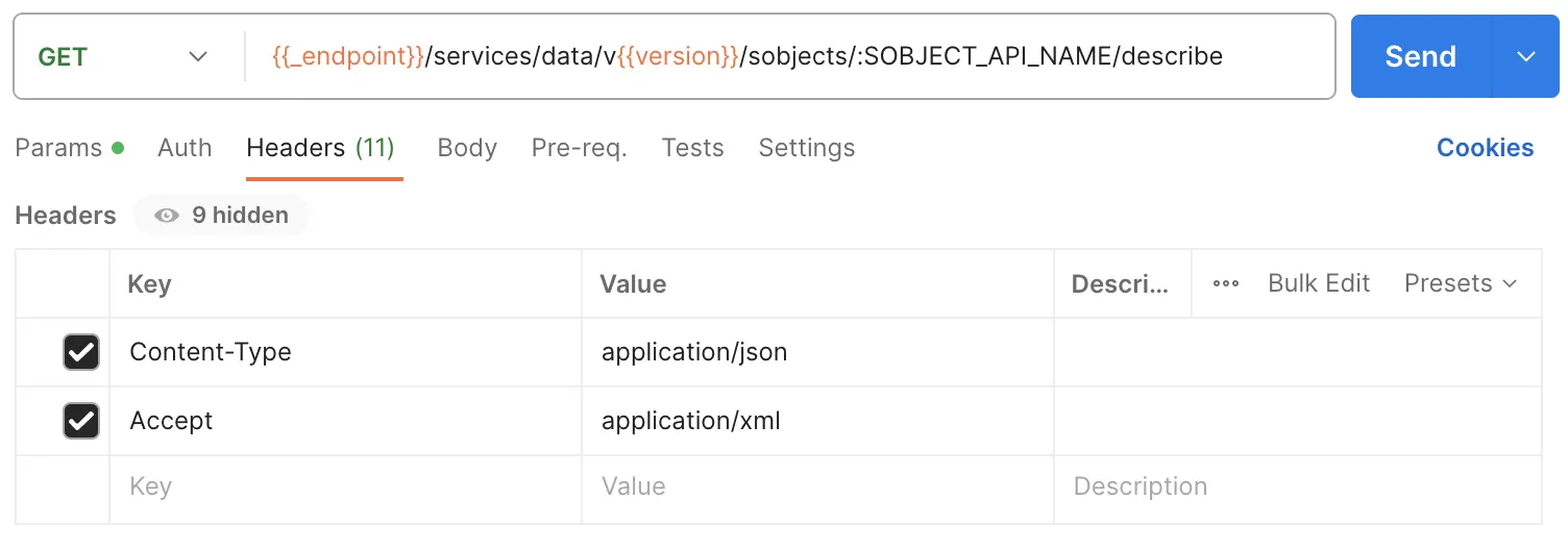 Anforderungsfenster in Postman mit auf 'application/xml' festgelegtem Wert des Felds 'Headers'.