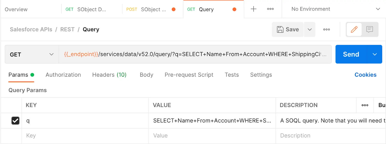 Postman request window showing the Params tab where the KEY q Value is asking for account names from where the shipping city is Melbourne.