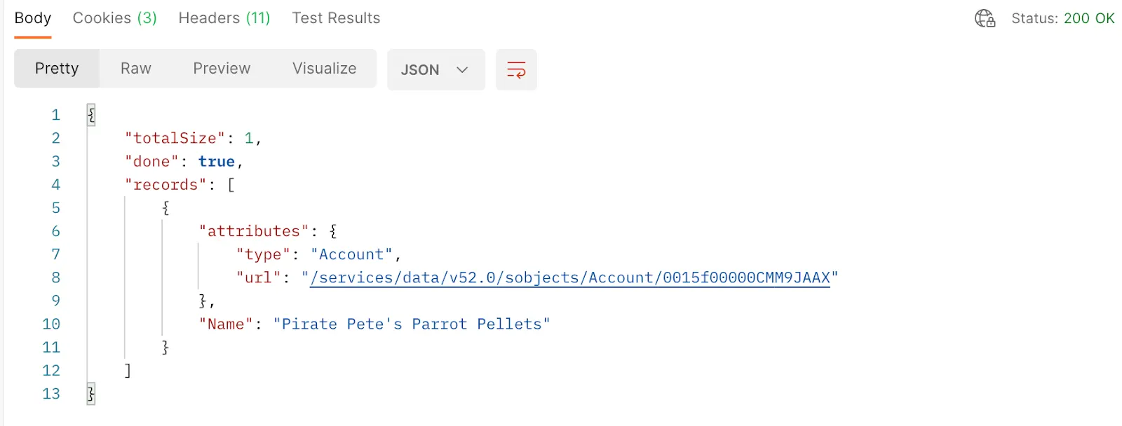 Postman response window showing one returned account where the shipping city is Melbourne. That account is Pirate Pete’s Parrot Pellets.