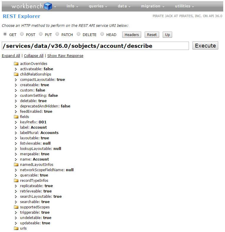 Réponse reçue après la description de l’objet Account