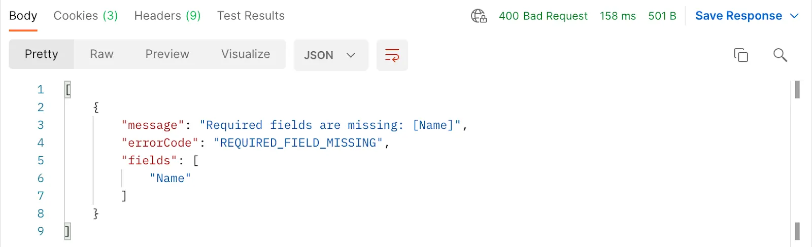 要求に [Name] 項目がないというエラーが表示されている Postman の応答ウィンドウ。