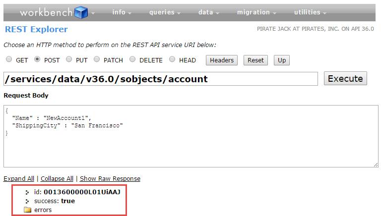 Resposta de criação de conta bem-sucedida na API REST
