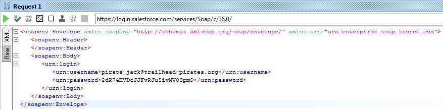 A sample SoapUI login request with our DE org credentials