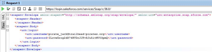 Uma solicitação de login do SoapUI de amostra com as credenciais de nossa organização DE