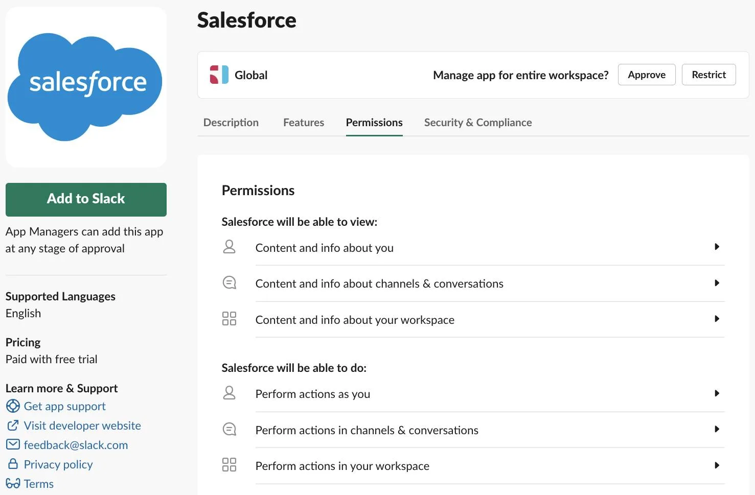 The Salesforce app page in the Slack App Directory. The Permissions tab has been selected, displaying what the Salesforce app can view and do in Slack.