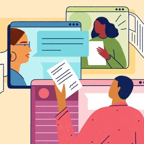 Employees attempting to communicate with each other via different computer screens.