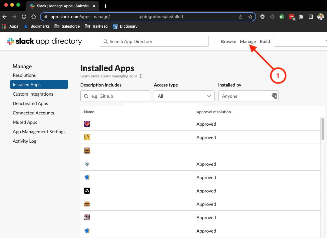 Slack app directory for a workspace, the Manage heading selected with a 1 and arrow pointing to the heading, and the page showing a list of Installed Apps for the workspace