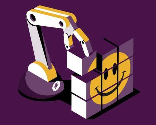 Robotic arm representing workflow builder adds final brick in a wall that displays a smiling face emoji