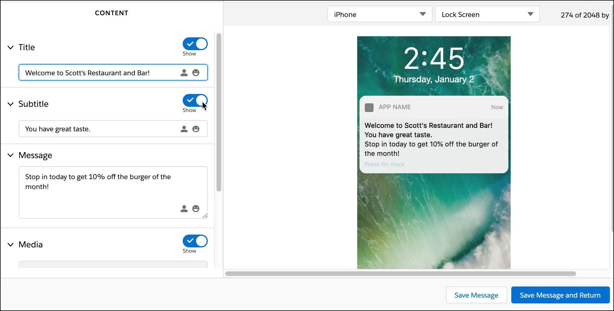 Content screen with fields for Title, Subtitle, and Message, with a preview pane of the message on a device.